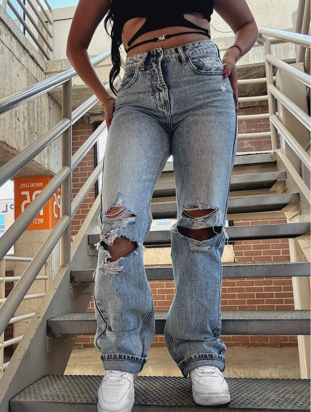Distressed Straight Leg Denim Jeans