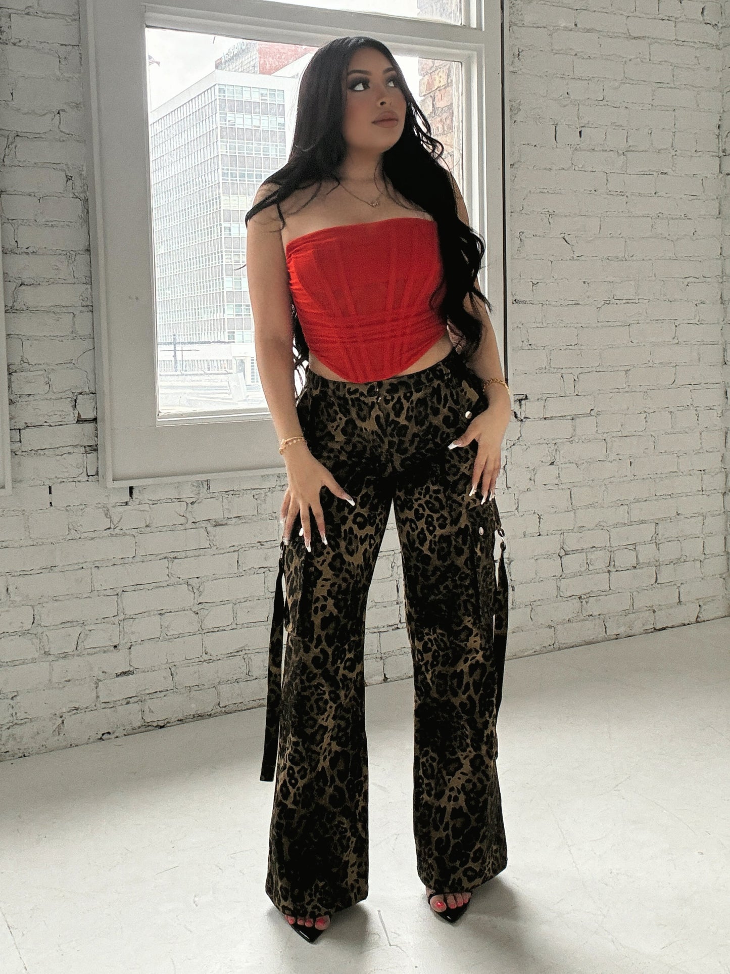 Leopard Denim Cargo Pants
